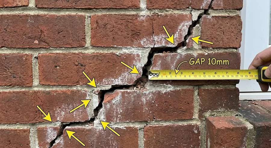 Brick veneer crack evidence marked with a measured gap